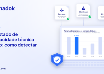 Capa sobre atestado de capacidade técnica falso em licitações, com cards de inidoneidade de 3 a 6 anos, entendimento do TCU e multas da CGU, e gráfico das penas máximas dos crimes em licitação do Código Penal