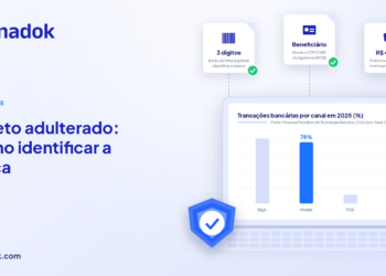 Capa sobre boleto adulterado com três destaques (código do banco na linha digitável, dados obrigatórios do beneficiário e R$ 450 milhões em golpes evitados por ano) e gráfico de barras da participação dos canais nas transações bancárias de 2025, com mobile banking em 78%