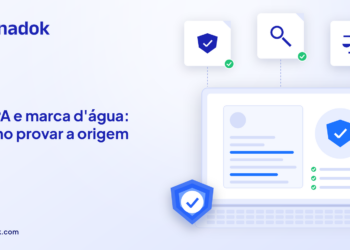 Capa do blog Dynadok com ícones de validação de documentos: C2PA e marca d'água digital: a tecnologia que pode provar a origem de um documento