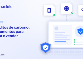 Capa do blog Dynadok com ícones de validação de documentos: Créditos de carbono: documentação exigida para gerar e comercializar créditos