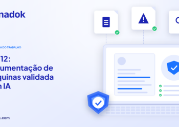 Capa do blog Dynadok com ícones de validação de documentos: NR-12: documentação de máquinas e equipamentos e como validá-la com IA