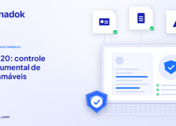Capa do blog Dynadok com ícones de validação de documentos: NR-20: controle documental de trabalhadores com inflamáveis e combustíveis