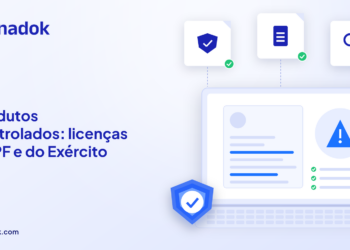Capa do blog Dynadok com ícones de validação de documentos: Produtos químicos controlados (Polícia Federal e Exército): licenças e conferência documental